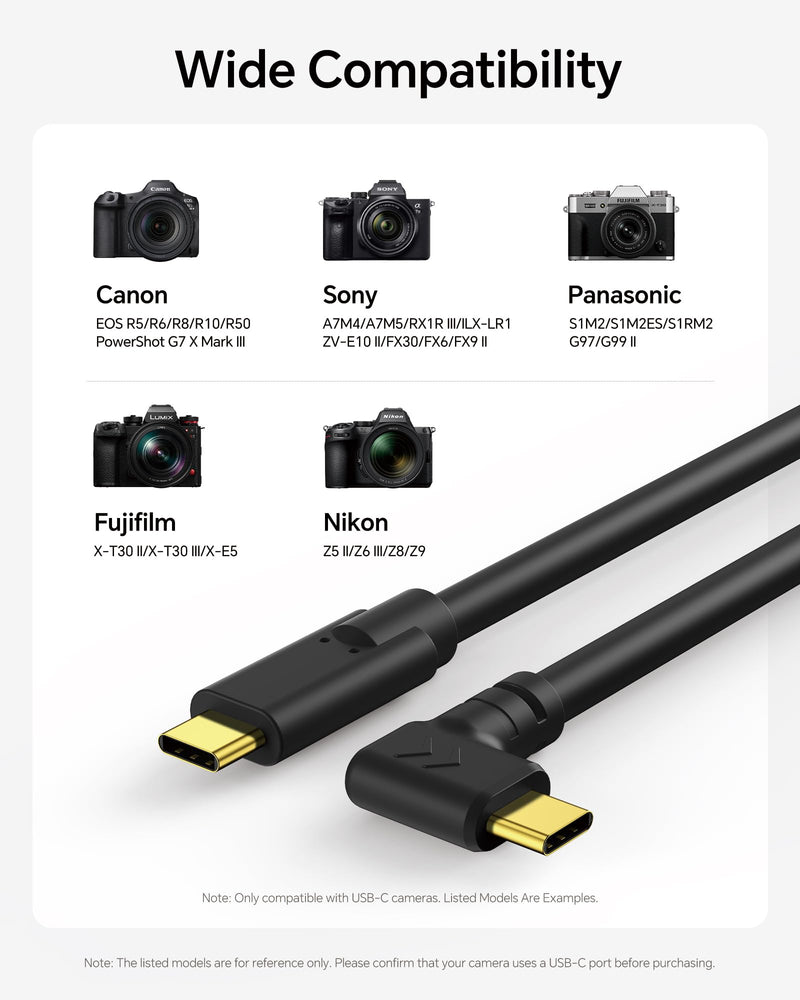 26FT USB C Active Cable for Camera, USB 3.2 Gen 1 5Gbps Data Transfer Cable for Live View, Rignt Angle, Upgraded Copper Core, for Photographers, Videographers, Vloggers, and Content Creators Black 26ft