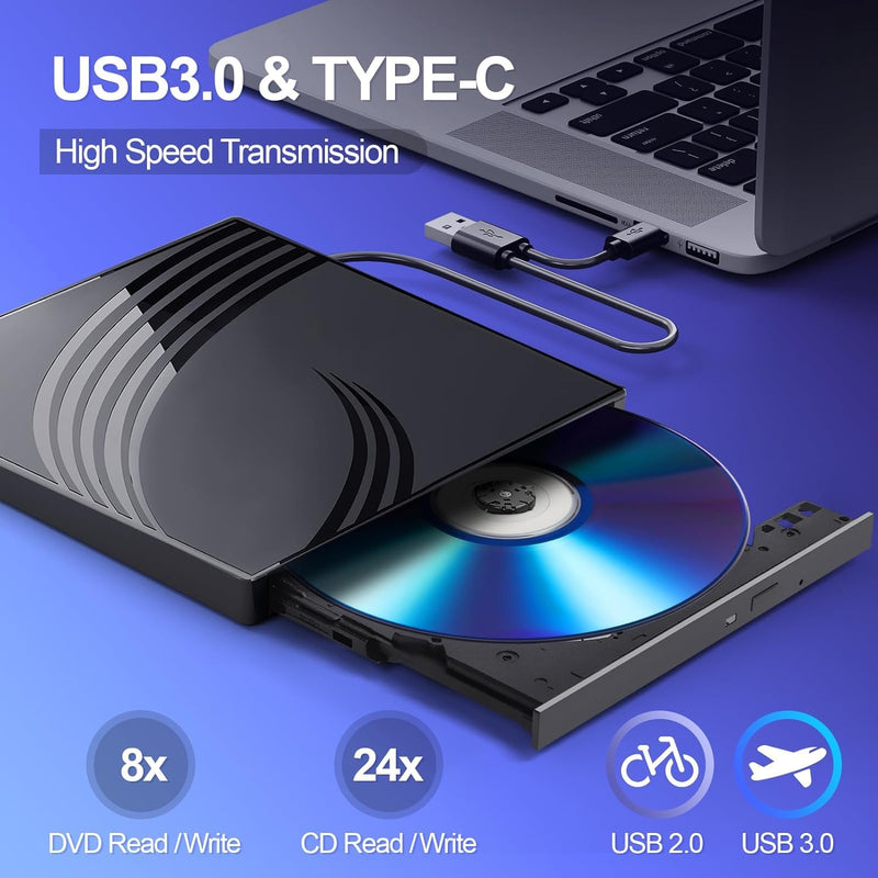 [AUSTRALIA] - BPAKDU External CD/DVD Drive for Laptop with Carrying Case,DVD Player for Laptop,Portable CD Burner with 4 USB Ports, 2 TF/SD Card Slots,CD Disk Drive Player Reader Write Black 