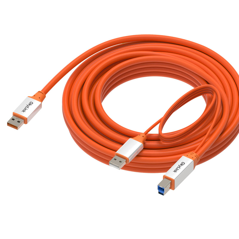 OkyLink Active USB 3.2 Gen 2 A to B Printer MIDI Cable 10Gbps, 25ft | 8m with Amplifier Chip & Aux Power, Repeater, Orange, for Office Printer, KVM, MIDI & Long-Range Data Transfer USB3.2(10Gbps) 25ft (8m)
