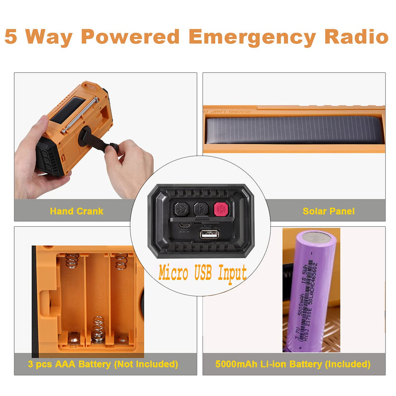 [AUSTRALIA] - 5000 Weather Radio,Solar Hand Crank 5-Way Power Emergency Radio,AM/FM/Shortwave/NOAA Alert Survival Portable Radio,Power Bank USB Charger,Camping Flashlight,Reading Lamp,Headphone Jack,SOS,Compass Yellow 