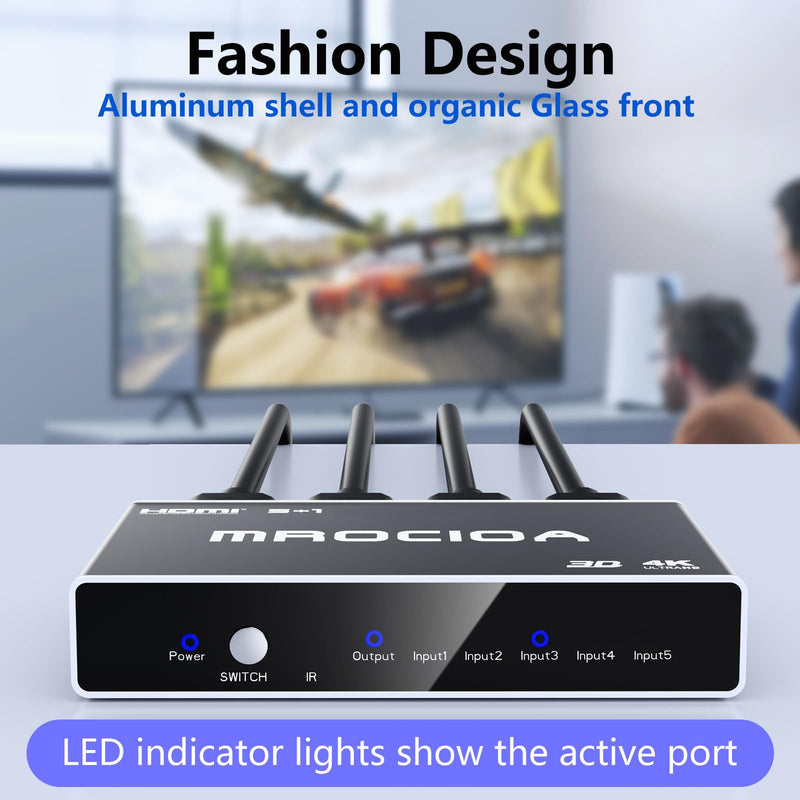 [AUSTRALIA] - Mrocioa HDMI 2.0 Switch 5 in 1 Out with Remote, 4K@60Hz Splitter Switcher, HDCP 2.3, ARC, CEC, ALLM/VRR, Dolby Vision/HDR10+/Atmos, Aluminum+Acrylic, for PS5/4, Xbox, Apple TV, Fire TV 