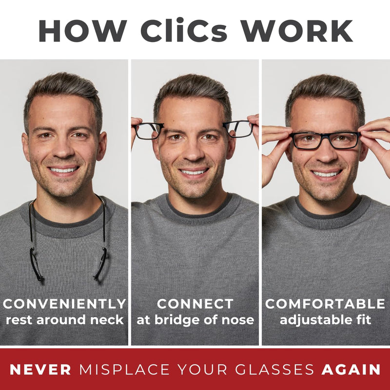 Clic Magnetic Reading Glasses (Long Temples), Computer Readers, Replaceable Lens, Original Long, (M-L, Black, 2.50 Magnification) 2.5 x