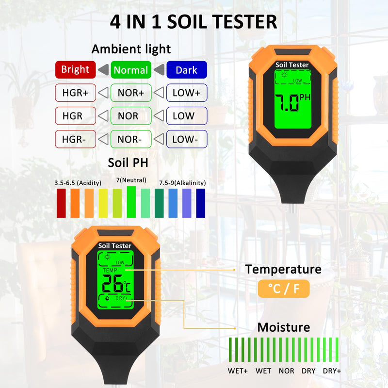 [AUSTRALIA] - 4-in-1 Soil Moisture Meter Digital PH Meter/Soil Moisture/Plant Temperature/Sunlight Intensity, Backlight LCD Display, Soil Test Meter for Garden, Lawn, Plant Care, Farm and Indoor Outdoor Plants 