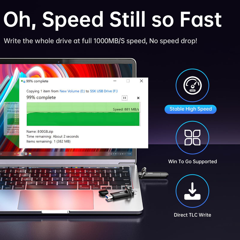 SSK USB SSD External 512GB, 1000MB/s Solid State Drives No Speed Drop, USB A + USB C 3.2 Gen 2 Portable SSD Photo Stickfor iPhone 15/Pro, Windows, Mac, Android Phones…