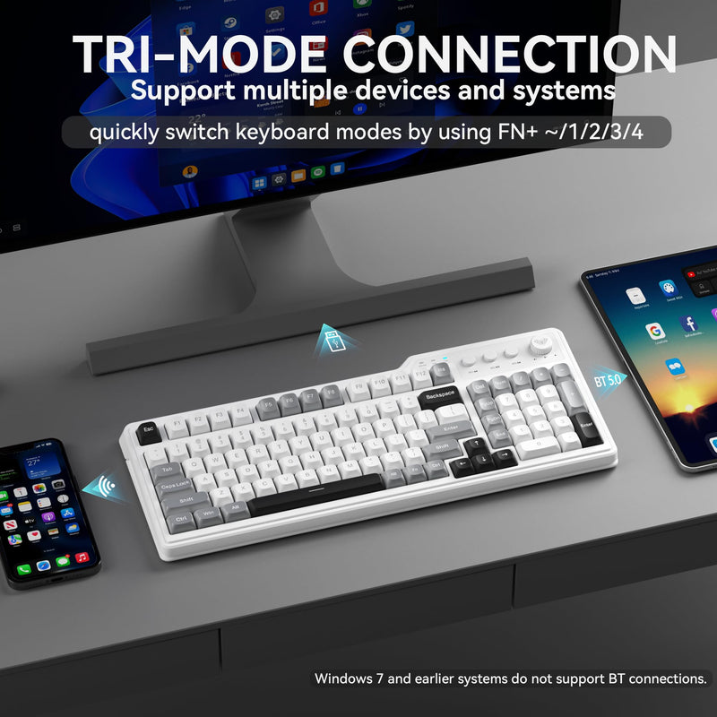 Aula F3099 Wireless Keyboard with Media Knob, Tri-Mode BT5.0/2.4GHz/USB-C Cute Creamy Keyboard with Number Pad, RGB Backlit Gaming Keyboard, Quiet Typing Computer Keyboards for Office Laptop/PC Black&White&Grey