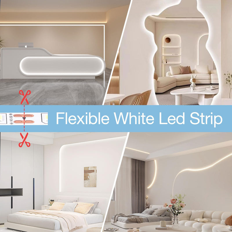 [AUSTRALIA] - 49.2ft USB LED Light Strip White with Battery Box (Batteries Not Included), Daylight LED White Strip Lights Cuttable LEDs for Bedroom, Mirror, Party, Camping, Birthday, Christmas, 8.2ft x 6 49.2ft White Light Strips 