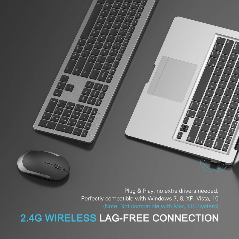 Wireless Keyboard and Mouse Combo - Full Size Slim Thin Wireless Keyboard Mouse with Numeric Keypad 2.4G Stable Connection Adjustable DPI (Grey & Black) Wireless keyboard mouse black & grey