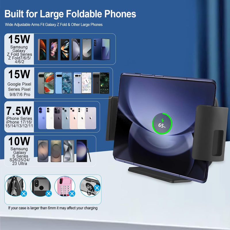 Wireless Car Charger Mount, 15W Fast Charging Holder | Wireless Strong Suction Fast Charging Phone Holder, Shockproof Silicone for iPhone 17/16/15 Pro Max & Galaxy Z Fold8/7/6/5/4