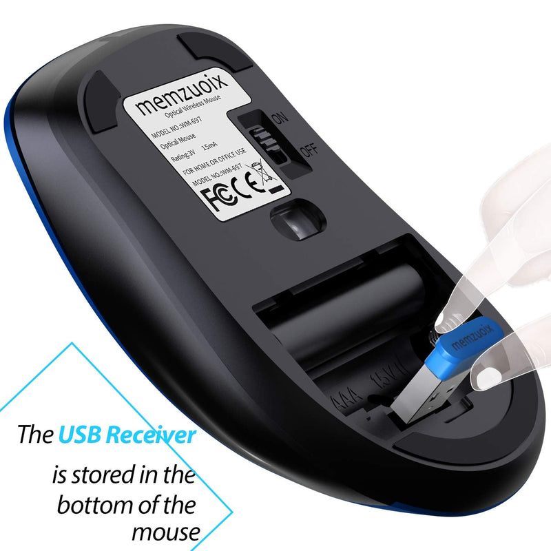 memzuoix 2.4G Portable Wireless Mouse, 1200 DPI Mobile Optical Cordless Mice with USB Receiver for Computer, Laptop, PC, Desktop, MacBook, 5 Buttons, Blue