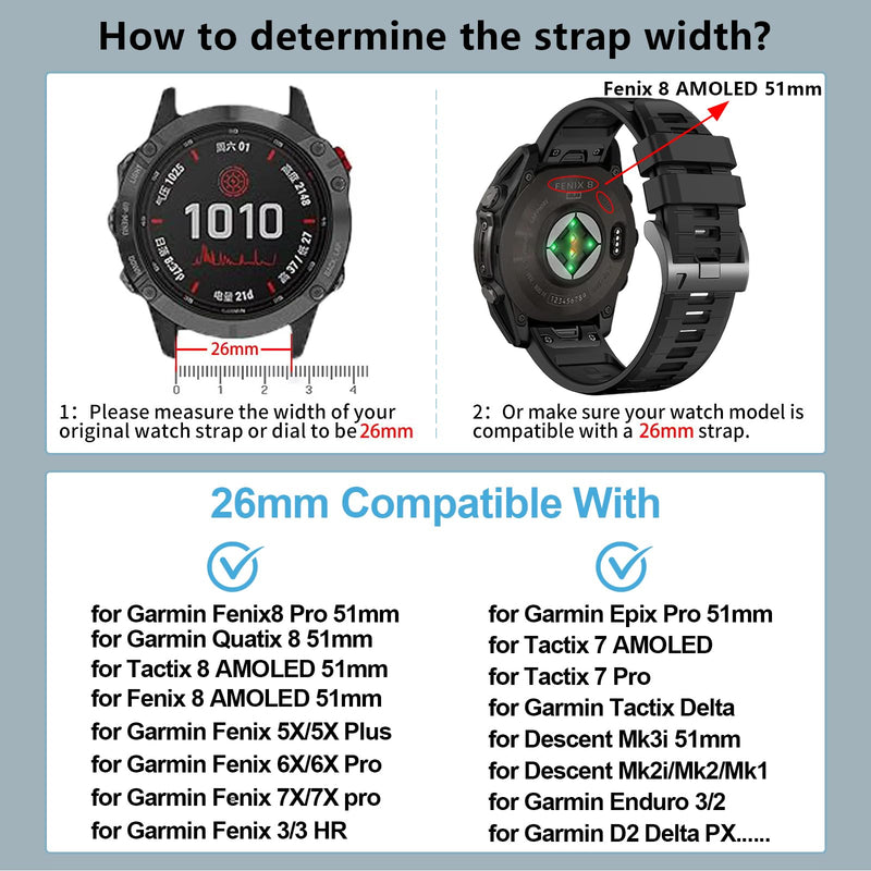 ZPJPPLX 26MM Quick fit Watch Band Compatible with tactix8 Fenix8 51mm/8pro/Fenix 7X 6X Pro 5X Plus,Soft Silicone Strap for Garmin Tactix7 AMOLED/Enduro 3/2/Descent MK2i /MK3i Epix Pro 51mm band 7Pack1