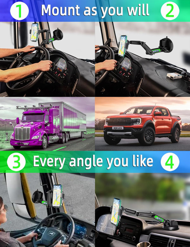 Truck Phone Holder Wireless Car Charger Mount, 15W Fast Charging | 14-Inch Long Arm, Strong Vacuum Dashboard & Windshield Mount, Heavy Duty Trucks and Pickup Accessories, for iPhone Samsung LG black--Wireless Charger