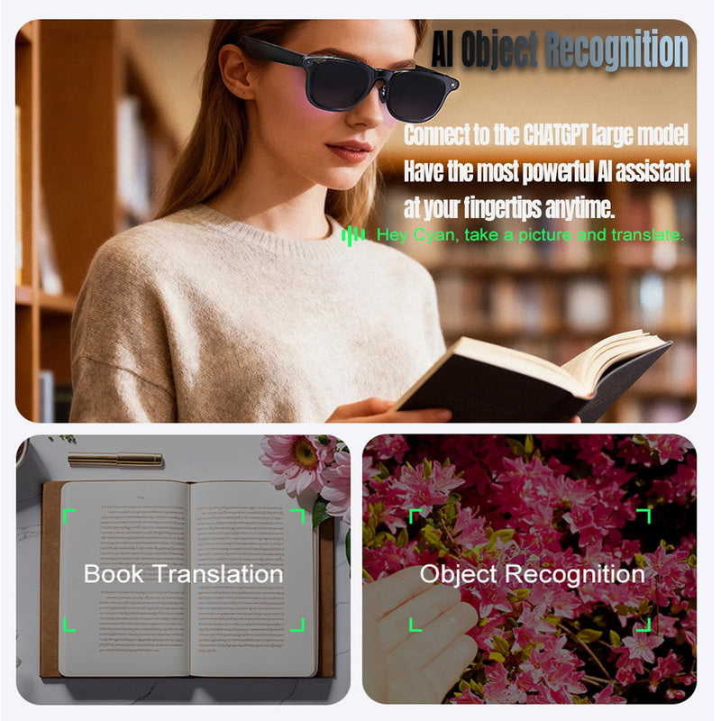 AI Smart Glasses with Camera, 1080P Video Recording & 8MP Photos, Open-Ear Audio, Real-Time Translation, Voice Assistant, Bluetooth 5.4 for Travel, Work & Vlogging (Sunglasses) Sunglasses