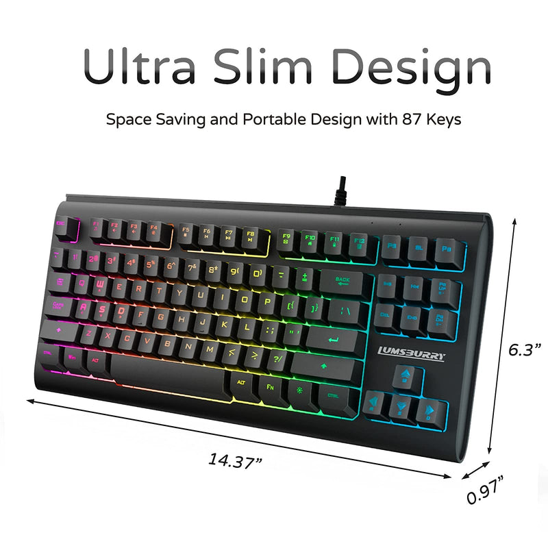 Rainbow LED Backlit 87 Keys Gaming Keyboard, Compact Keyboard with 12 Multimedia Shortcut Keys USB Wired Keyboard for PC Gamers Office