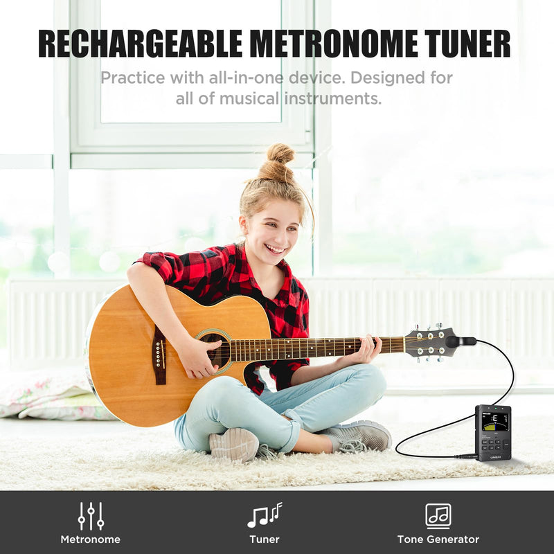 MT2 Rechargeable Metronome Tuner, 3 in 1 Digital Metronome Tuner Tone Generator for Guitar Bass Ukulele Violin Saxophone Trumpet Clarinet Flute, Voice Beat, Chromatic Tuner for All Instruments MT2