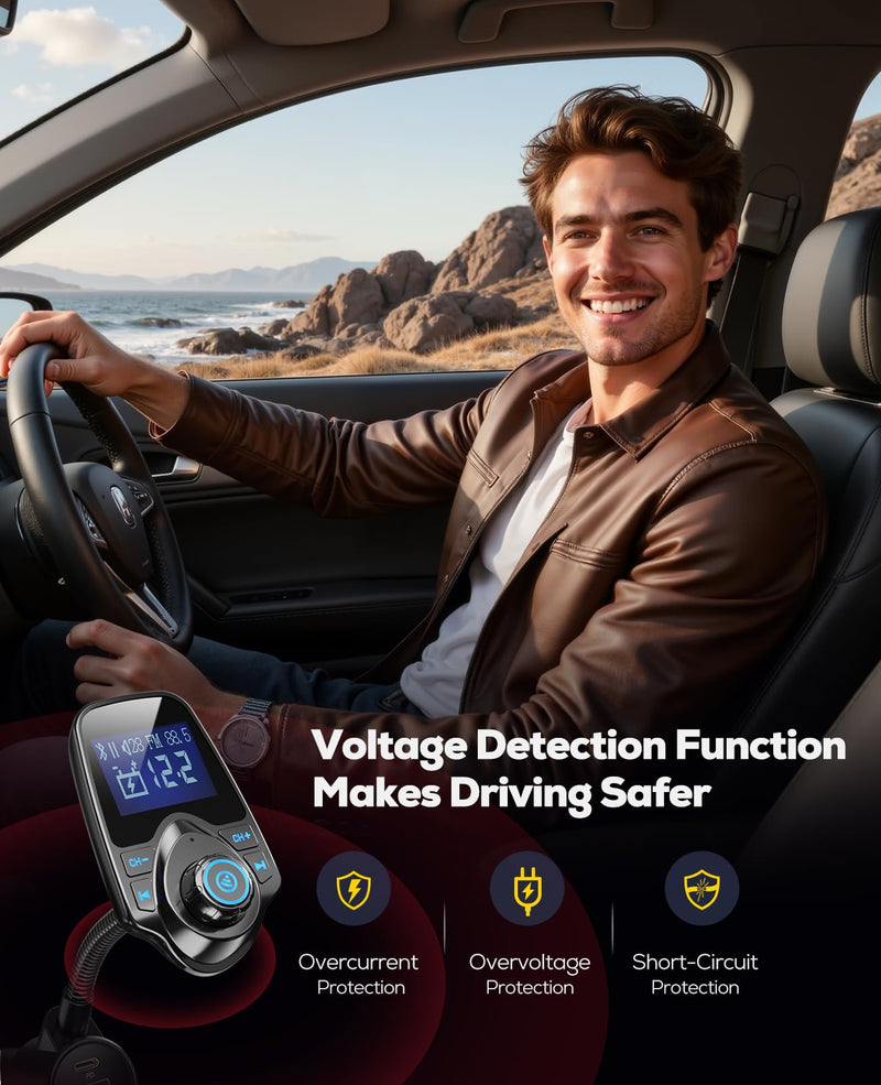 Nulaxy [2026 KM18 Upgraded Version] 48W Bluetooth 5.4 Car Adapter with Fasting Charging Ports [PD 30W & QC3.0 18W], Supports Hands-Free Call, 1.44" Screen Wireless Radio FM Transmitter, Black