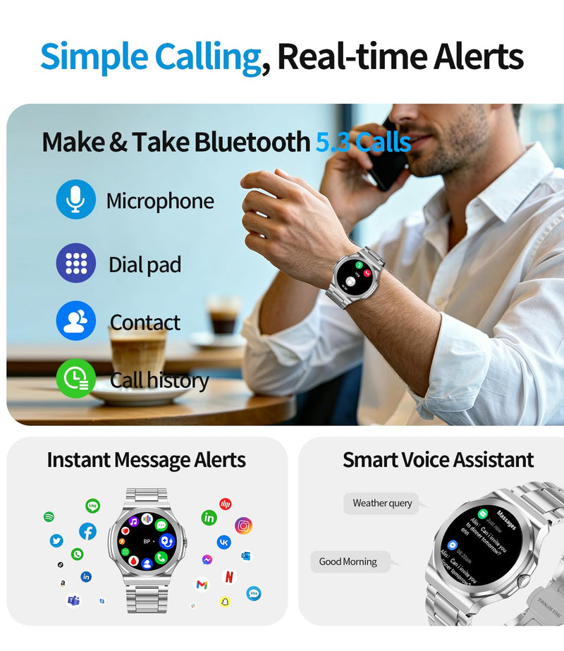 Smart Watch for Men Women, Make/Answer Calls, 1.27 Inch Full Touch Screen | 100+ Sport Modes, IP67 waterproof, health/heart rate/sleep tracking, compatible with Android & iOS, includes 2 straps. White steel belt