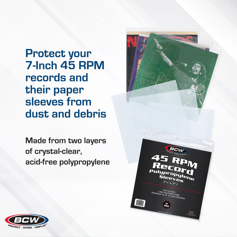 BCW 100 Vinyl 45 RPM 7" Record Poly Outer Record Sleeves | Album Covers | Crystal Clear | Record Covers | 2 Mil Thickness | Vinyl Record Storage | Dust and Scratch Protection | Vinyl Record Sleeves 1 Pack