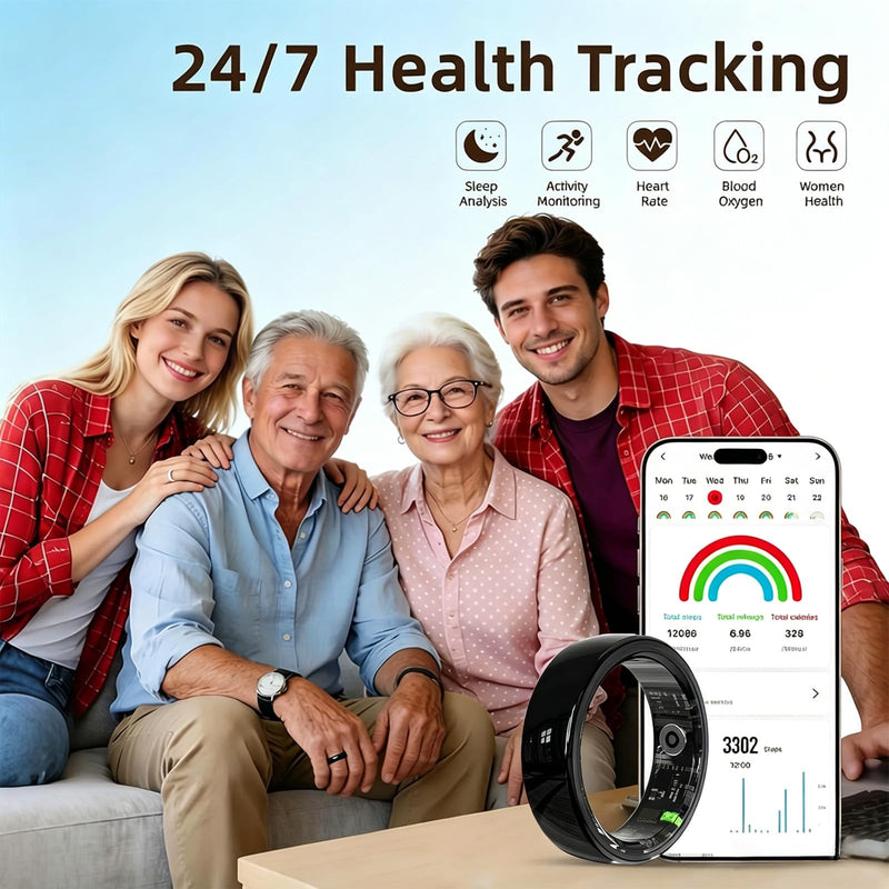 Ceramic Smart Ring Health & Fitness Tracker for Men & Women(Black, #7) | Heart Rate & Sleep & Activity Monitoring, Long Lasting Battery, IP68 Waterproof Ring for iOS & Android, No Subscription Fee Black