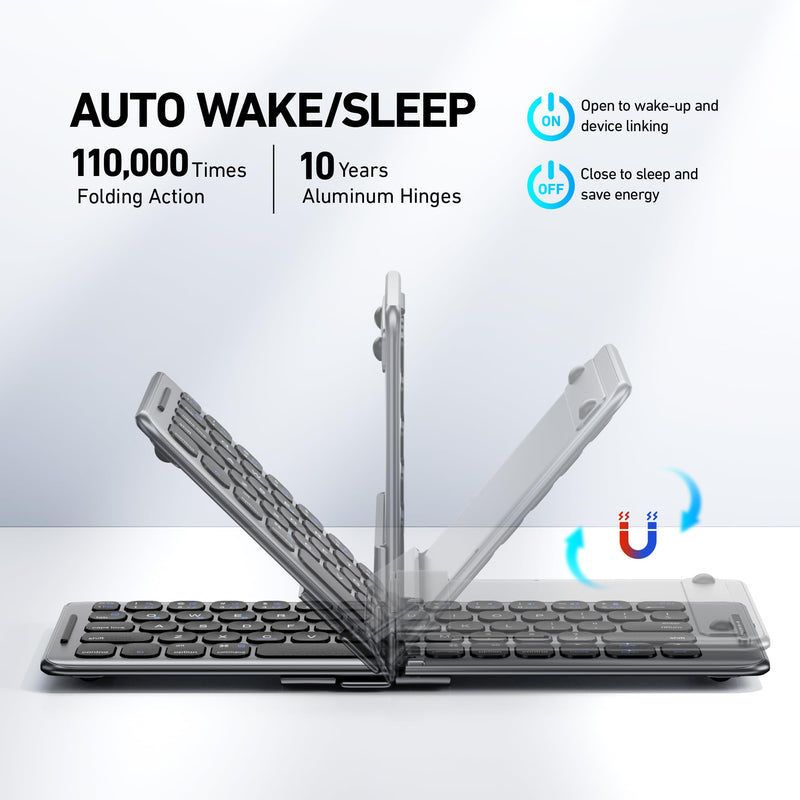 Foldable Bluetooth Keyboard with Stand Holder, Folding Keyboard Bluetooth Phone Keyboard, Rechargeable Ultra Slim Bluetooth Travel Keyboard for iOS, Android, Fit Phone Pad Tablet Laptop, B088