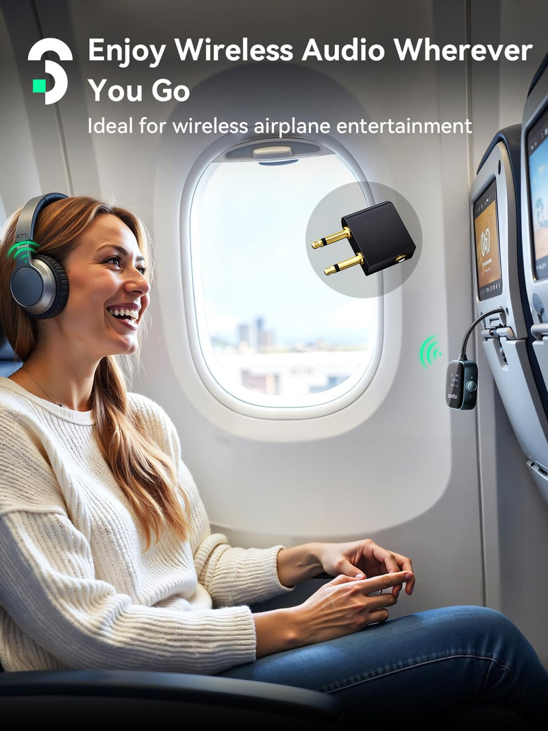 [AUSTRALIA] - SOOMFON Airplane Bluetooth 5.3 Transmitter for 2 Airpods or Headphones 2-in-1 Airplane Bluetooth Adapter Receiver with LCD Display 3.5mm for Plane Flying Gym Car Home Stereo System 
