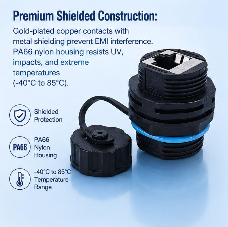 IP68 Waterproof CAT6 RJ45 Panel Mount Coupler (10PACK) | Shielded Industrial Ethernet Feed Thru Connector, Female to Female