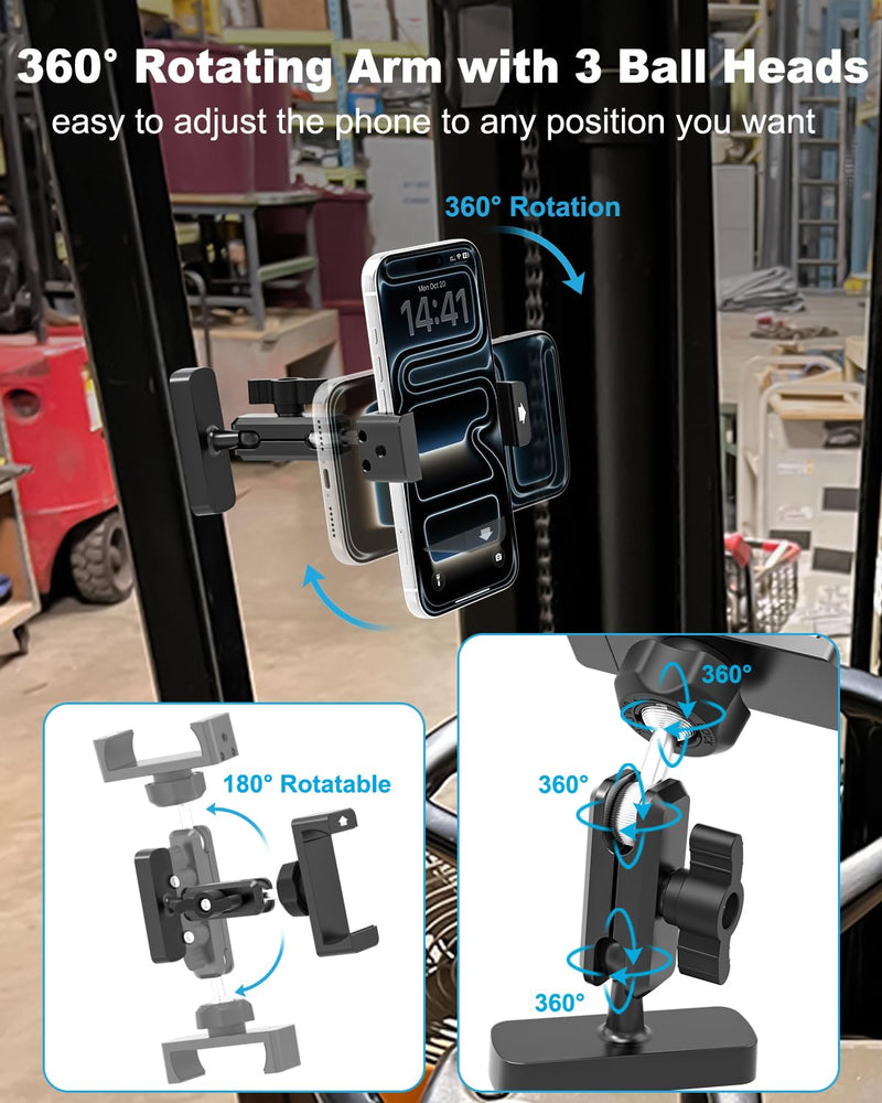Forklift Phone Mount, [Never Fall off Industrial N56 Magnet] Aluminum Magnetic Forklift Truck Phone Holder, 360° Adjustable Arm Operator Cab Frame Cellphone Stand for iPhone, Galaxy, 4-7" Phone