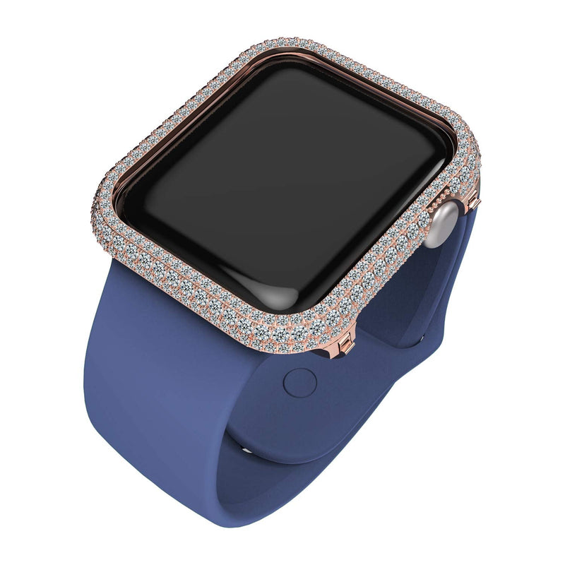 Full Bling Rhinestone Crystal Diamond Metal Alloy Bezel Frame Case Cover Compatible Apple Watch Series 4 5 6 SE (Rose Gold, 44mm)