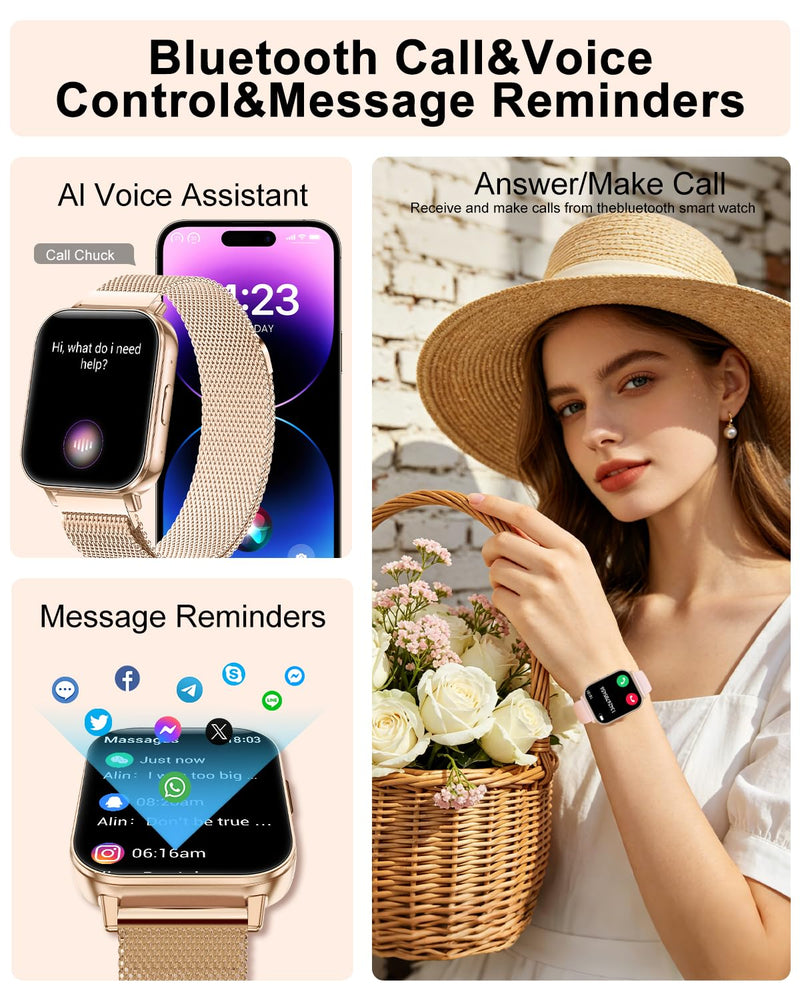 Smart Watch for Women, 1.85" HD Fitness Tracker with Bluetooth Call, 1000mAh Battery, 130+ Sports Modes, Heart Rate/Sleep Monitor, IP68 Waterproof with 4 Bands, Compatible with iOS/Android(Rose Gold) Rose Gold