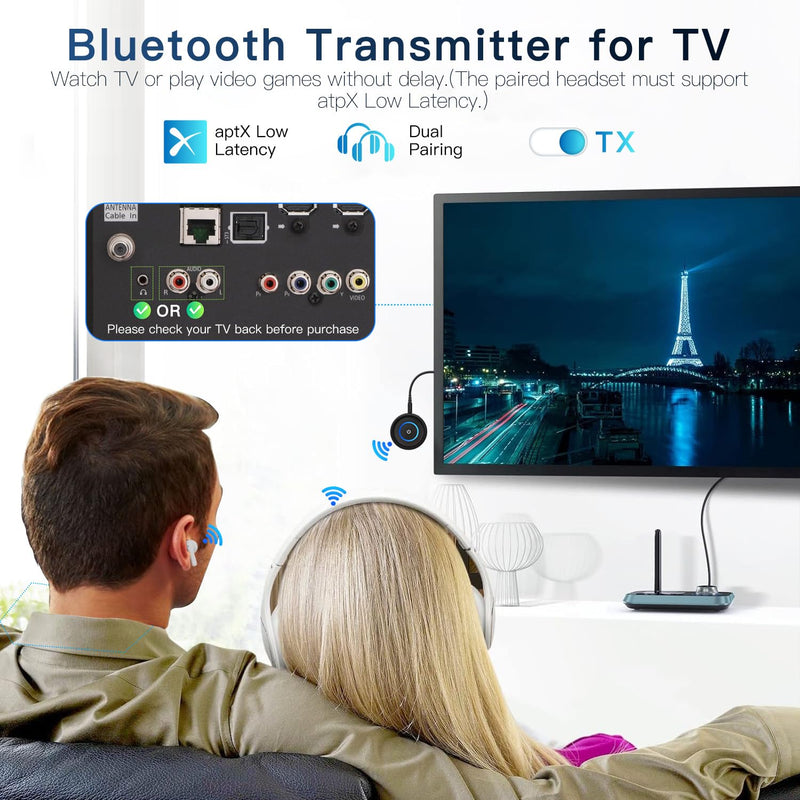 [AUSTRALIA] - BANIGIPA Bluetooth 5.3 Transmitter Receiver, 2-in-1 Wireless Transmitter Receiver for TV/Airplane/Home Stereo/Speakers/Headphones/Car, Audio Adapter w/3.5mm AUX/RCA Jack, Dual Link, Low Latency, 16H 