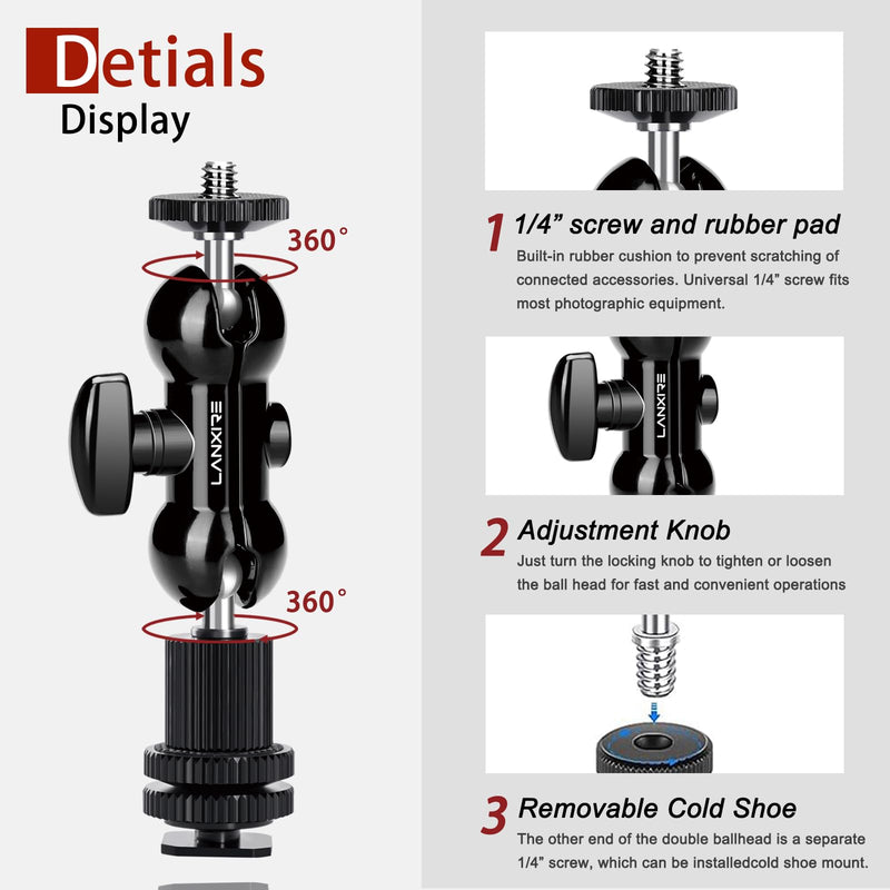 [AUSTRALIA] - 1/4" Screw Double Ball Head Magic Arm, Camera Hot Shoe Mount Adapter, Double Nut with 1/4" and 3/8" Aluminum Alloy Tripod Screw Flash Shoe Mount for Microphone, Monitors, LED Light 