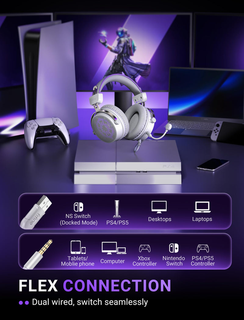 FIFINE H18V LiteWP Wired Open Back Gaming Headset, Expansive Soundstage | 53mm Drivers Bass, 3.5mm/USB Connectivity, Crisp 7.1 Surround, Active Noise Canceling Mic, Spacious Earcups, for PC/Xbox/PS5 White and purple