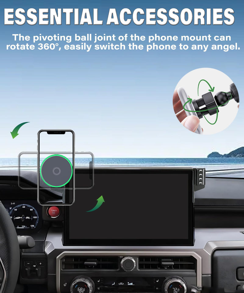 Car Phone Mount for 2024 2025 2026 Toyota Tacoma/2025 4Runner Accessories | 14-in Screen Clip-On MagSafe 15W Fast Wireless Charger Cell Phone Holder, 3D Fit Navigation 360° Rotatable Cradle fit for 2024-2026 Tacoma/2025 4Runner (14 Inch)