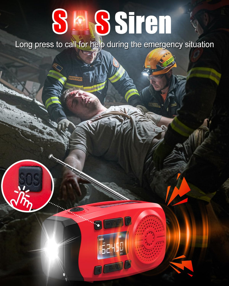 Runningsnail Emergency Weather Radio, 7400mWh Hand Crank Emergency Radio with LCD Display, Support Weather Alert Radio, USB/Solar/Hand Crank, 1W Flashlight & SOS Alarm for Outdoor & Home Emergency Red
