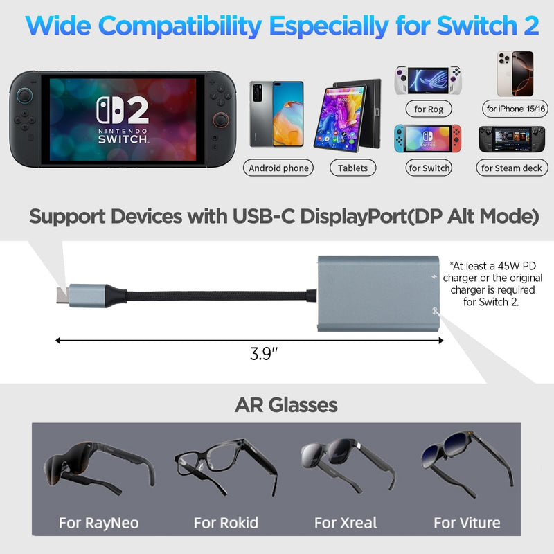 HiBloks USB-C AR Hub and Charging Adapter for Switch 2 and AR Glasses | Charge and Play Adapter with 4K60Hz and 65W Fast Charging for Switch 1&2/Rokid/Xreal/RayNeo/VITURE/iPhone 15&16 &17
