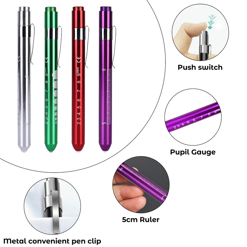 Leikurvo LED Pen Lamp for Doctors: Pack of 8 Aluminium Medical Penlight, Diagnostic Function, for Nurses and Emergency Services (Red, Purple, Green, Silver)