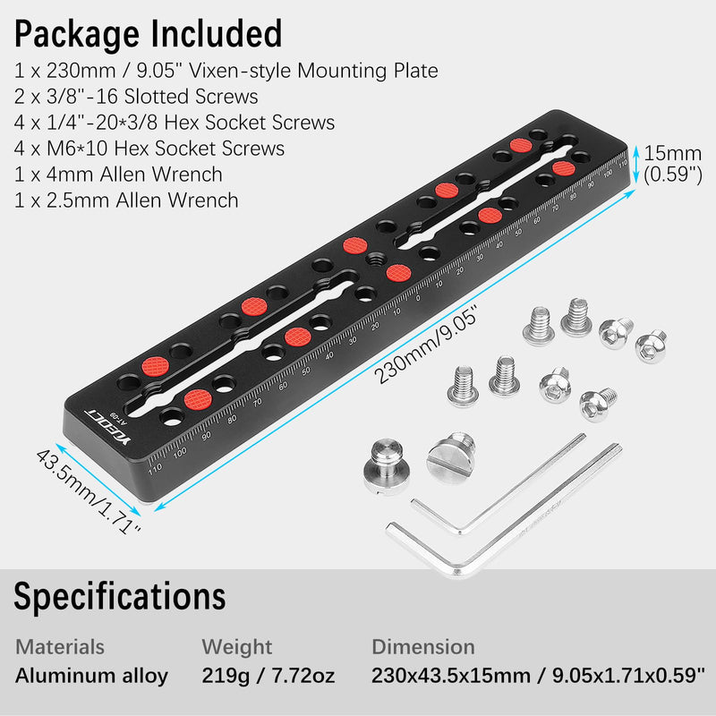 230mm/9.05" Telescope Rail Bar Vixen Style Dovetail Mounting Plate, with M6 1/4" 3/8" Camera Screw for Telescope Saddle Mount Base OTA Equatorial Head Tripod Adapter Sky Astrophotography