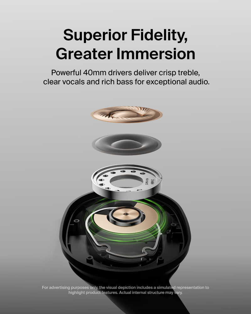 Belkin SoundForm Surround Wireless Over-Ear Headphones | Over-ear Bluetooth headphones, foldable design, recycled materials, multipoint, travel, home, office, commute Black