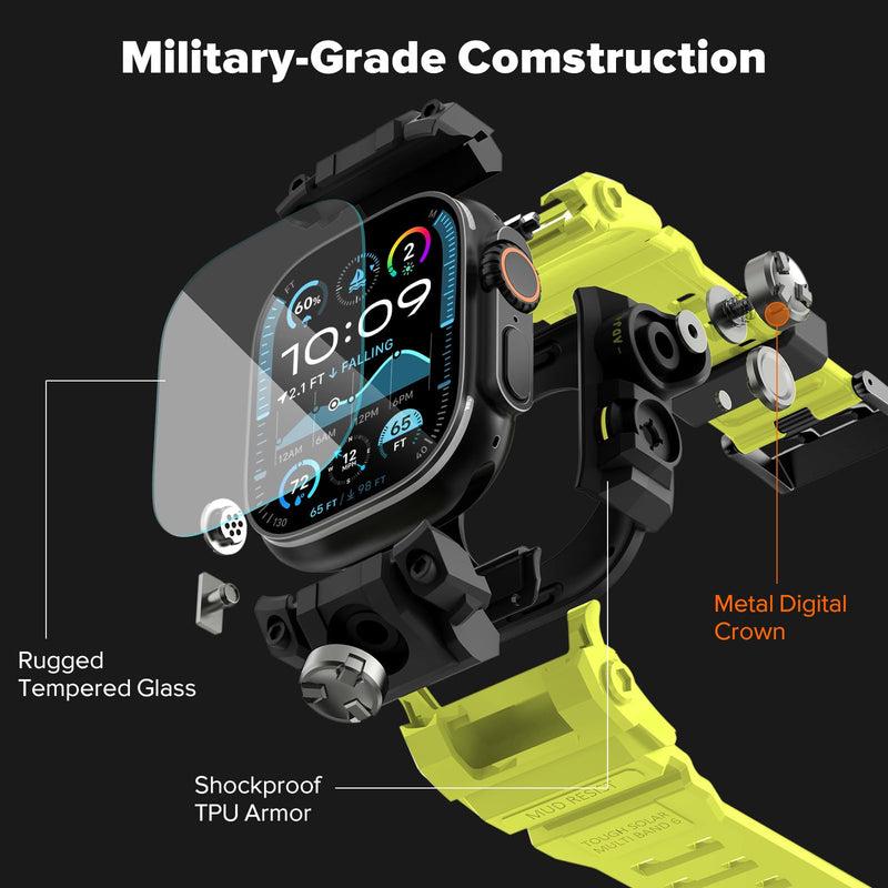 KADES 2-in-1 Removable Rugged Case with Band for Apple Watch Ultra 49mm | Military Grade Shockproof Full Cover & Built-in Tempered Glass Screen Protector for Men Sports Hiking Workout Yellow Green 49mm (with Tempered Glass)