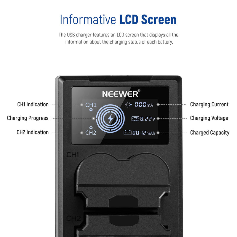 [AUSTRALIA] - NEEWER NP-W235 Camera Battery Charger Set, Dual Slot USB Charger with LCD, 2 Pack 2400mAh Replacement Batteries Compatible with Fujifilm X-T5 X-T4 GFX 100S X-H2S X-S20 GFX 50S II VG-XT4 Battery Grip 