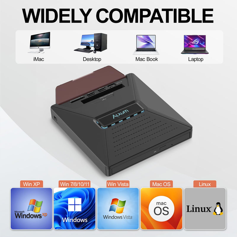 Alxum External CD DVD Drive, Optical Disc Reader Burner with SATA Interface | Portable External CD DVD Drive for Laptop, 7 in 1 Optical Drive CD ROM DVD Player Compatible with Windows/Mac OS/Linux/Vista Black Sata