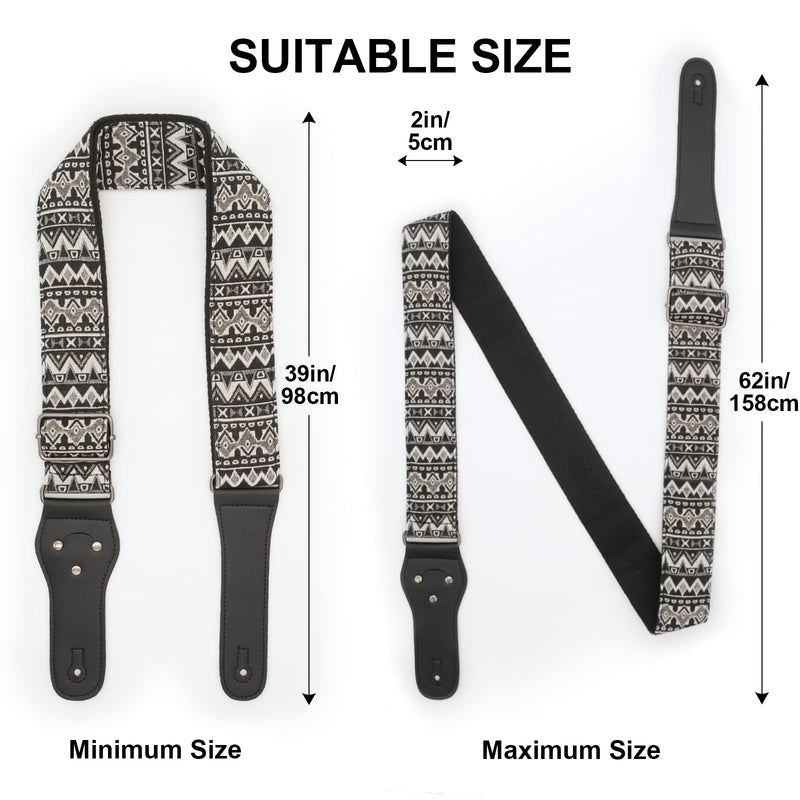 Guitar Strap-Vintage Woven, For Bass, Electric & Acoustic Guitar. FREE 2 Strap Locks + Headstock buttoned tie Black and White Bohemian