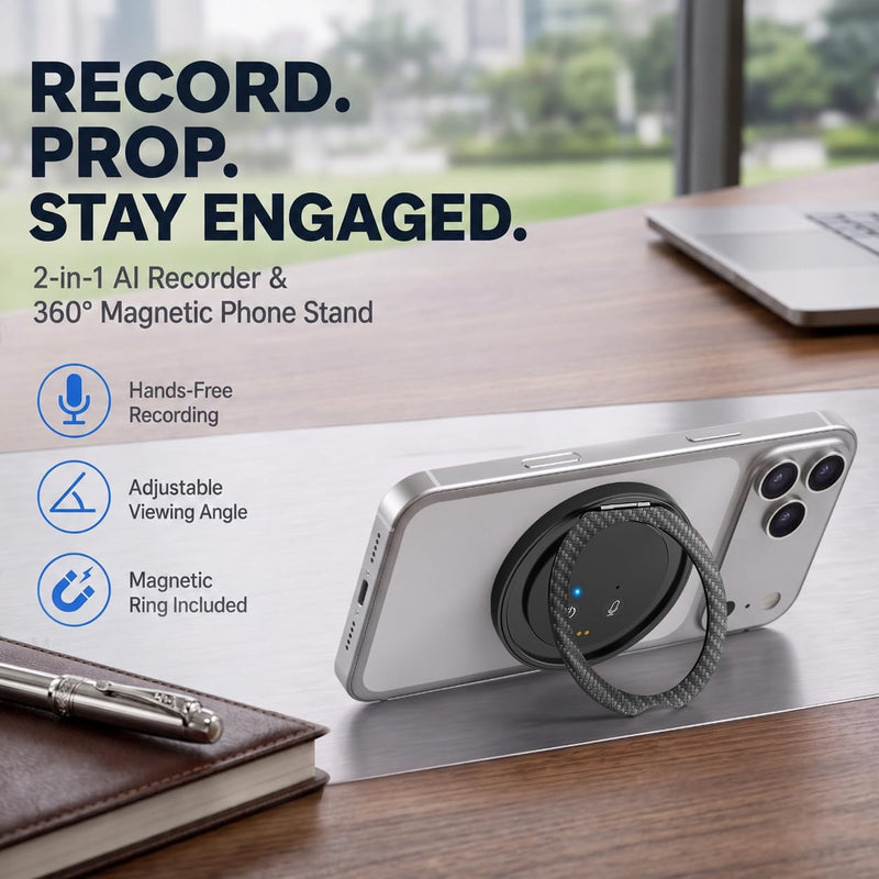 AI Voice Recorder with Transcribe & Summarize for Calls, Meetings & Study | AI Note Taker for Professionals & Teams, 100+ Languages, 360° Magnetic Phone Stand, 1TB Cloud Multi-Device Sync Space Gray