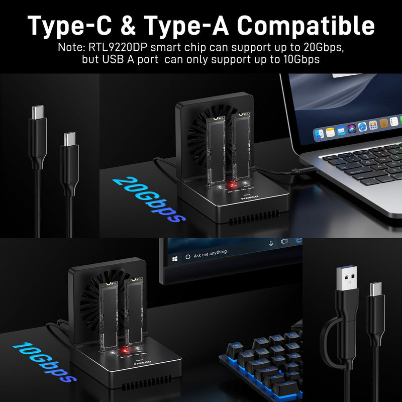 FIDECO M.2 NVMe SATA SSD Cloner Dock, USB 3.2 Gen 2 X 2, 20Gbps NVMe Cloner Duplicator with Foldable Cooling Fan, Support Offline Clone, UASP and Trim, Aluminum Design