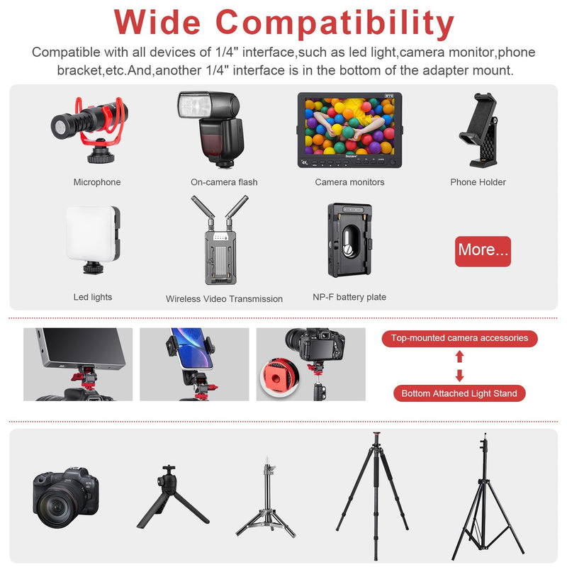 FOMITO Metal Camera Monitor Mount with 1/4" Serew and Cold Shoe, Rotary Adapter 360° Swivel Universal for Flash Speedlite, Field Monitor, LED Video Light, Microphone,etc - Red Color Single mount