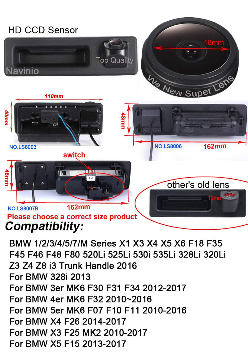 Super HD vehicle camera 1280x720 pixels 1000 TV170 degree Night Vision Rear View Camera Reverse parking for BMW 1/2/3/4/5/7/M Series X1 X3 X4 X5 X6 F18 F30 F45 F10 F11 F80 520Li 525Li 530i 535Li 328Li No.2=162*48mm(without switch button)