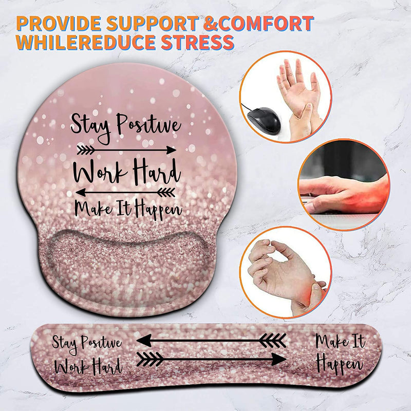 Ergonomic Mouse Pad Wrist Support Gel and Keyboard Wrist Rest Set for Laptop , Gaming and Office, Durable, Comfortable and Pain Relief + Coaster,Stay Positive Work Hard and Make It Happen Pink Glitter