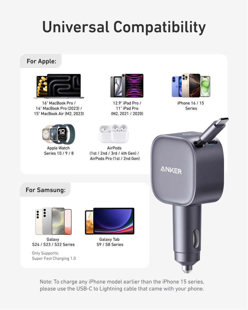 Anker 75W Fast Charging USB C Car Charger with Retractable Built-in Cable | Fast Power Adapter, Car Accessories for iPhone 17 / 16 Series, Galaxy S25 / S24, MacBook Pro / Air, iPad, and More