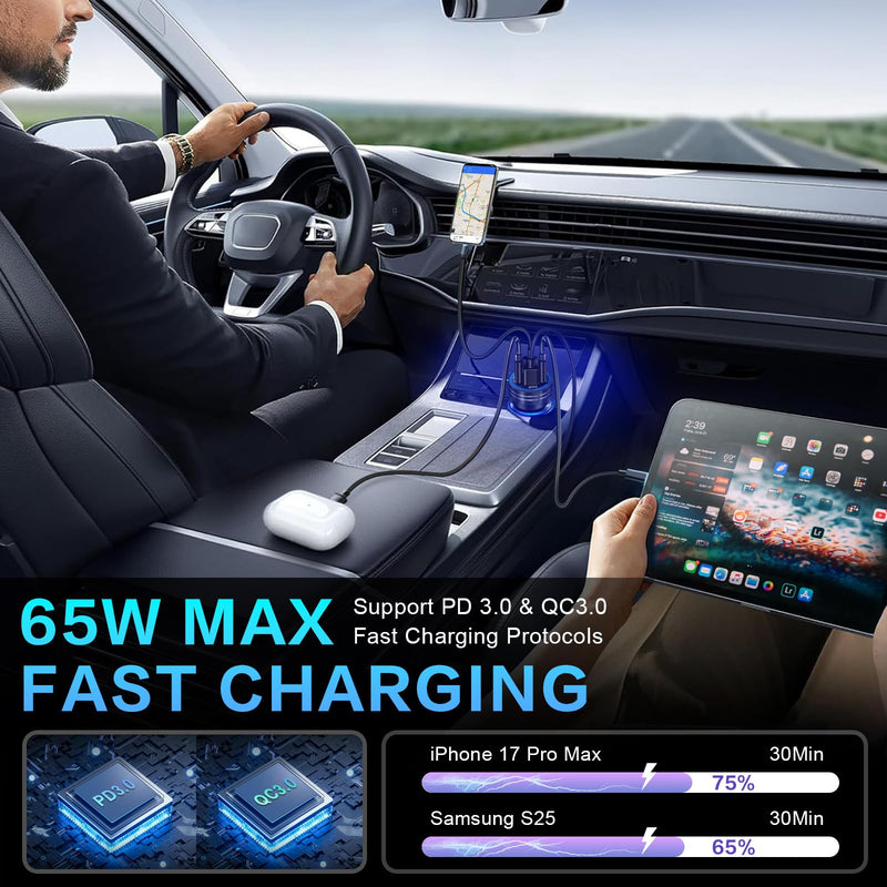 5-Pack Car Charger, Ancekoy 65W 4-Port Car Charger Adapter with Voltmeter | PD+QC3.0 Fast Charging Cigarette Lighter USB Charger Pack for iPhone 17 16 15, Samsung Galaxy, iPad,Android,Black 5-Pack Black