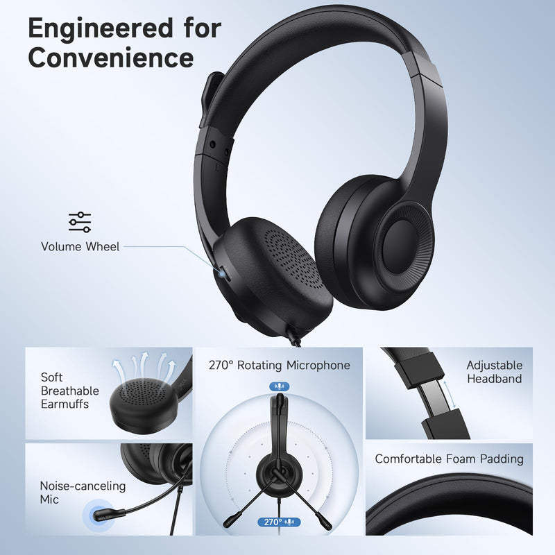 [AUSTRALIA] - AOC USB Headset with Microphone for PC, Over-Ear Wired Headphones with Noise-Cancelling Mic, 40mm Audio Drivers, USB-A Computer Headset for Office, Teams, Call Centers & Online Meetings (Black) Black 