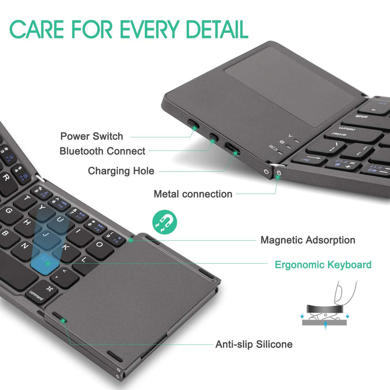 Foldable Bluetooth Keyboard with Touchpad - Samsers Portable Wireless Keyboard with Stand Holder, Rechargeable Full Size Ultra Slim Pocket Folding Keyboard for Android Windows IOS Tablet & Laptop-Gray Grey (BTx1)